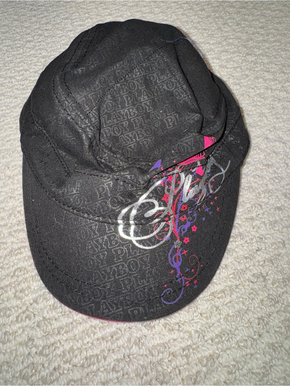 Playboy Black Embroidered Graphic Cadet Cap with Pink & Purple Accents